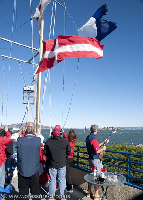 Stiff breeze on the Race Deck at start, mad managing the pennants interesting! - Manuel Fagundes Seaweed Soup Midwinter Regatta 2011 © Erik Simonson www.pressure-drop.us http://www.pressure-drop.us
